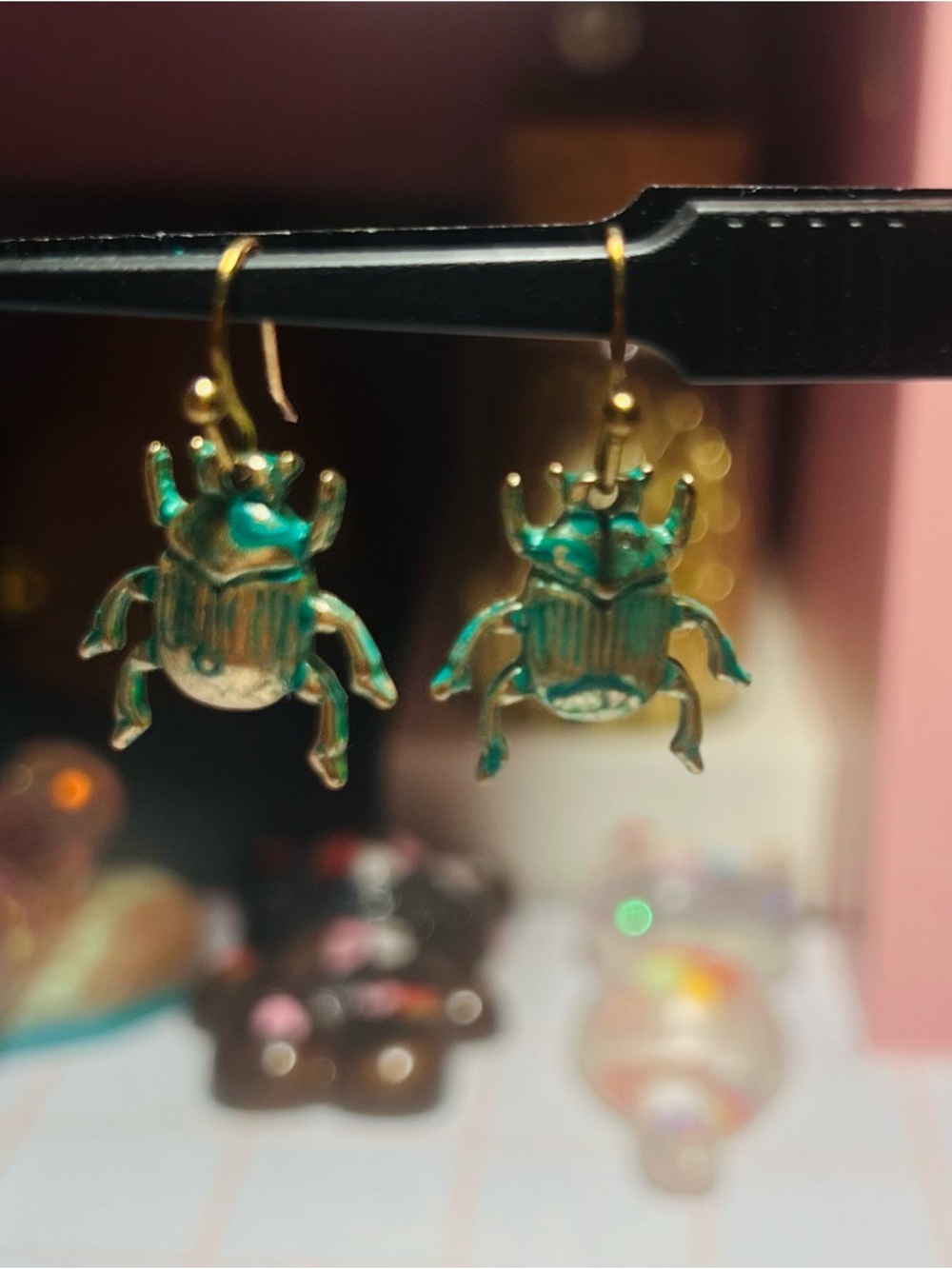 Gold and Mint Green Scarab Beetle Drop Earrings